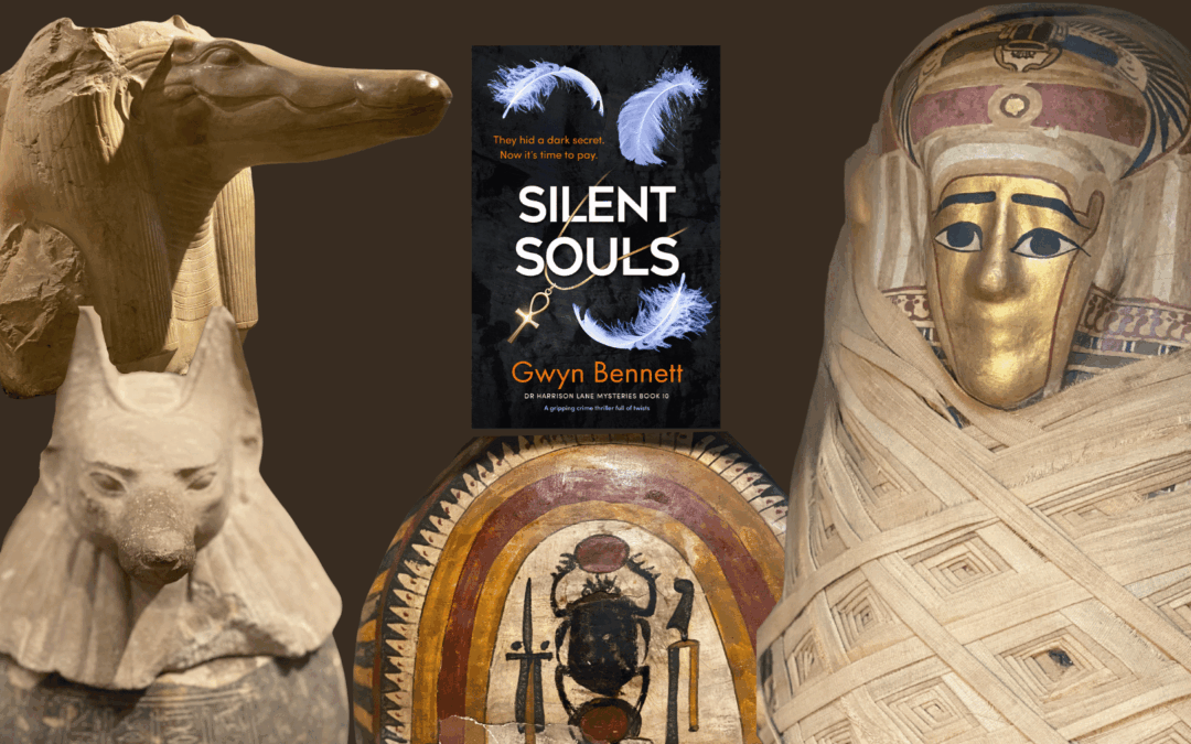 Egyptian mummy and symbols with front cover of Silent Souls, book 10 in the Harrison Lane series.
