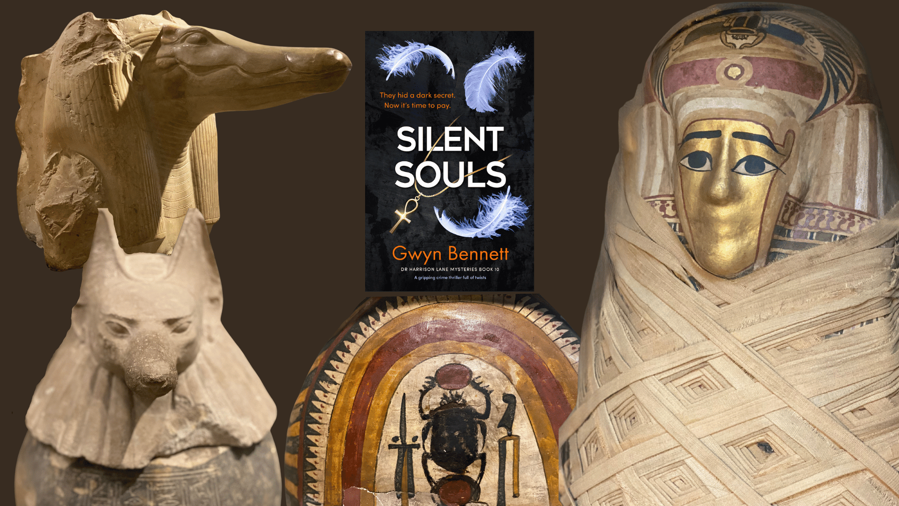 Egyptian mummy and symbols with front cover of Silent Souls, book 10 in the Harrison Lane series.
